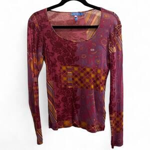 Y2K Sheer Mesh Long Sleeve Top Abstract Print Made in Italy Escada Sport L